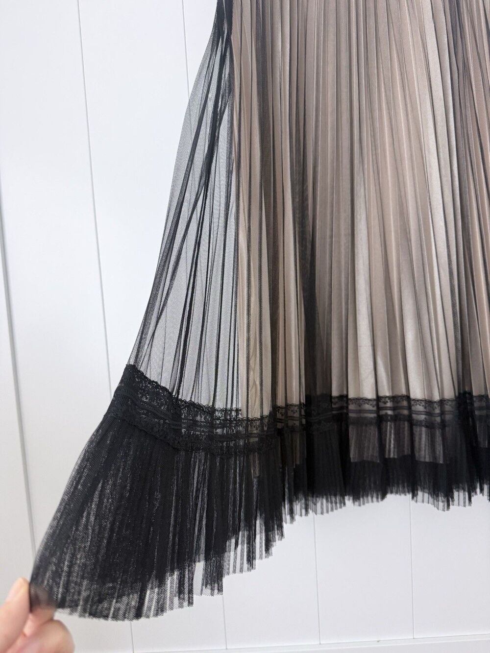 Pleated Mesh Lace Midi Maxi Skirt Black Champagne Calligraphie M Boho Romantic - Picture 9 of 16